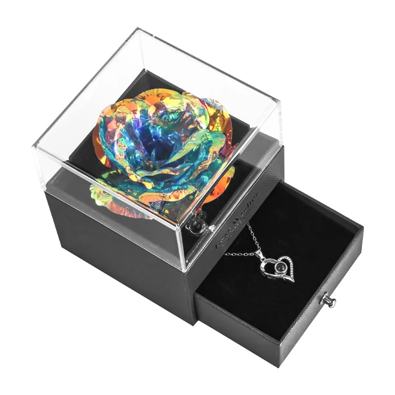 Boîte à bijoux en acrylique avec fleurs préservées et collier. Un cadeau romantique et élégant pour elle, rangement précieux et souvenir inoubliable.