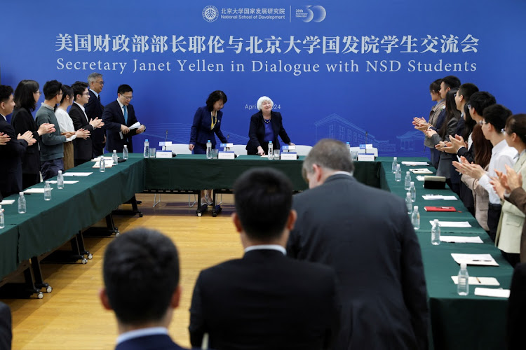 US treasury secretary Janet Yellen attends a dialogue with students of National School of Development at the Peking University in Beijing, China, on April 7. Picture: REUTERS/FLORENCE LO