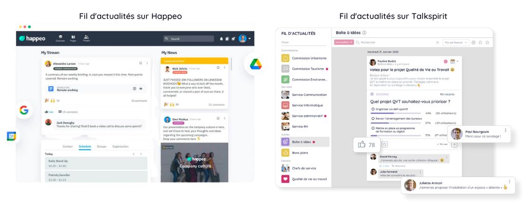 Comparatif du fil d'actualités sur Talkspirit et Happeo pour trouver la meilleure alternative à Happeo