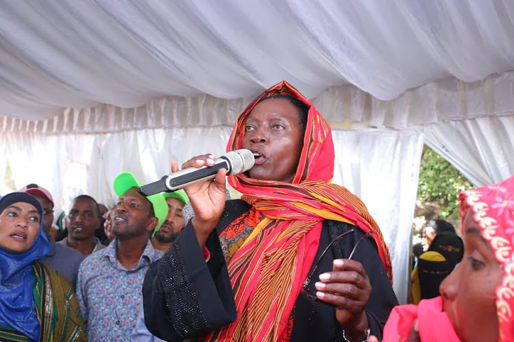 Azimio One Kenya Alliance presidential running mate Martha Karua speaking during the Maendeleo Ya Wanawake 70th anniversary at the Garissa University on Wednesday, May 25.