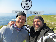 Andrew Bonamour and writer Dom Dempers at Land’s End, the most westerly point of England.