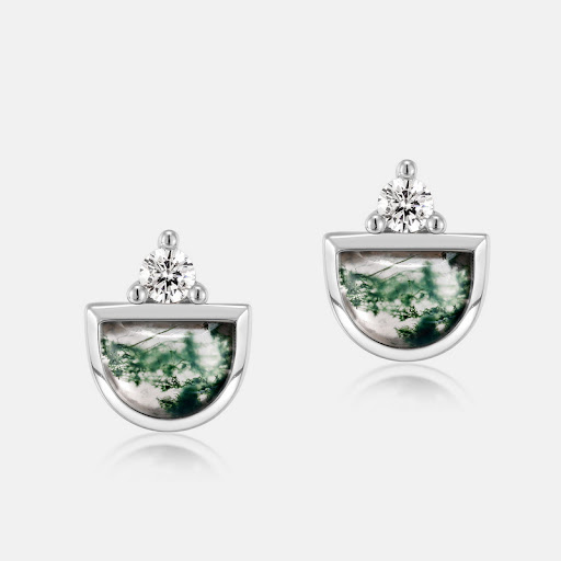 Title 5, Silver Inlaid Green Moss Stone Stud Earrings, a...