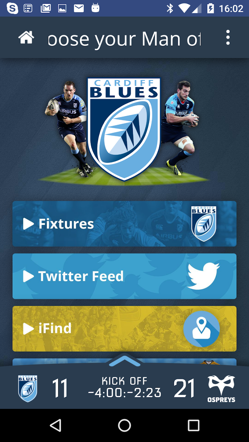 Cardiff Blues Match Day App Screen 2