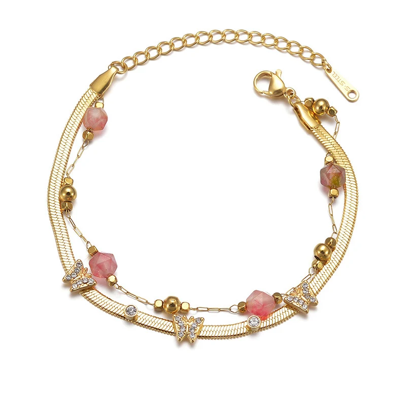Bracelet femme en acier titane papillon rétro style ethnique, or 14K, un bijou élégant et durable pour toutes occasions.