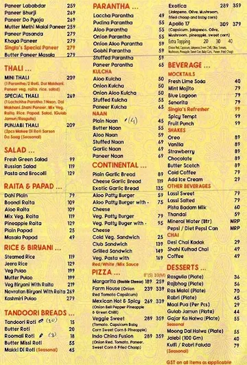 Singla's Sweets, Bakery & Restaurant menu 