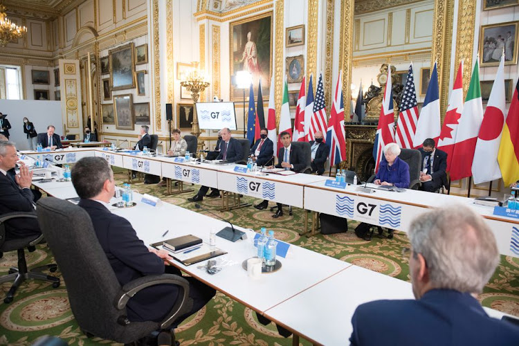 Britain's Chancellor of the Exchequer Rishi Sunak speaks at a meeting of finance ministers from across the G7 nations ahead of the G7 leaders' summit, at Lancaster House in London, Britain June 4, 2021.