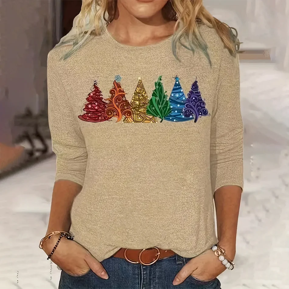 Camiseta feminina de manga comprida árvore de natal estampada gola redonda solta casual