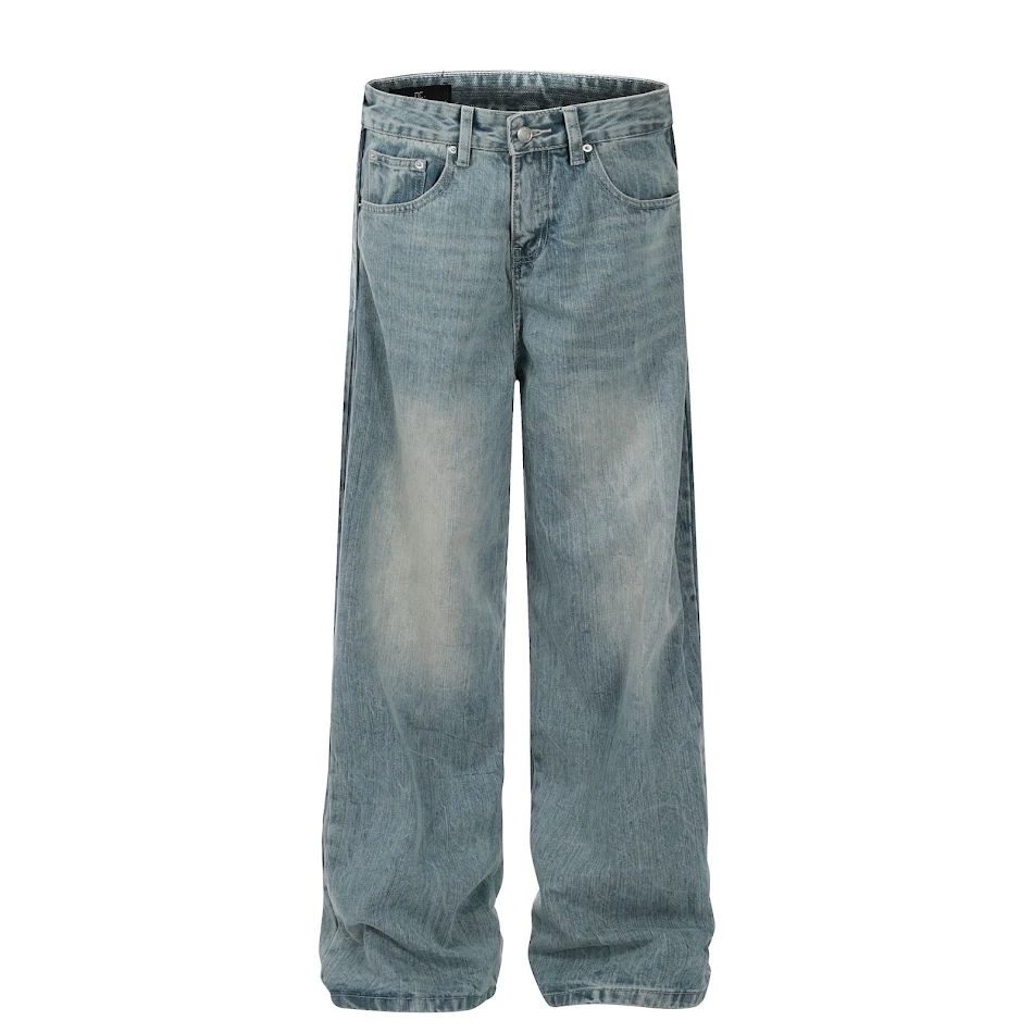 Men's High-Grade Washed Blue Deconstructive Design Loose Jeans. Experience comfort and style with these modern, relaxed-