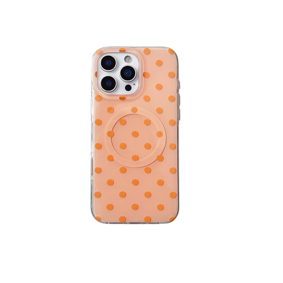 Polka Dot Phone Case with Magnetic Bracket. Stylish protection and convenient hold. Secure attachment, wireless charging