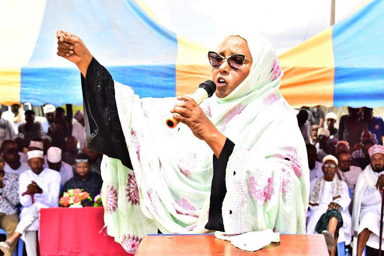 Ijara MP Sophia Abdi Noor speaking at Masalani stadium on Monday