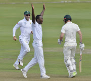 Kagiso Rabada celebrates during day 1 of the 2nd Sunfoil Test match between South Africa and Australia at St George's Park on March 09, 2018 in Port Elizabeth, South Africa. 