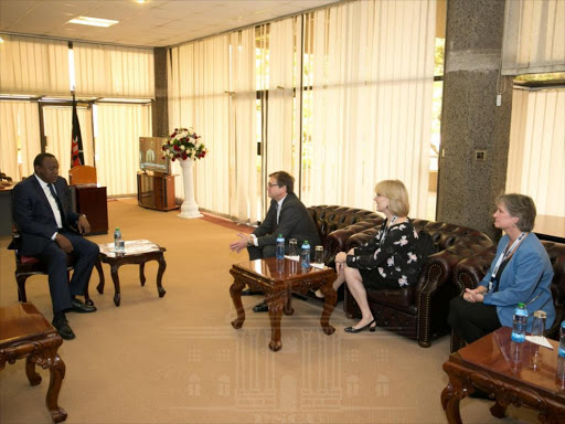 President Uhuru Kenyatta holds talks with the Canadian delegation to the Blue Economy Conference at KICC, Nairobi, Thursday, November 27, 2018. /PSCU