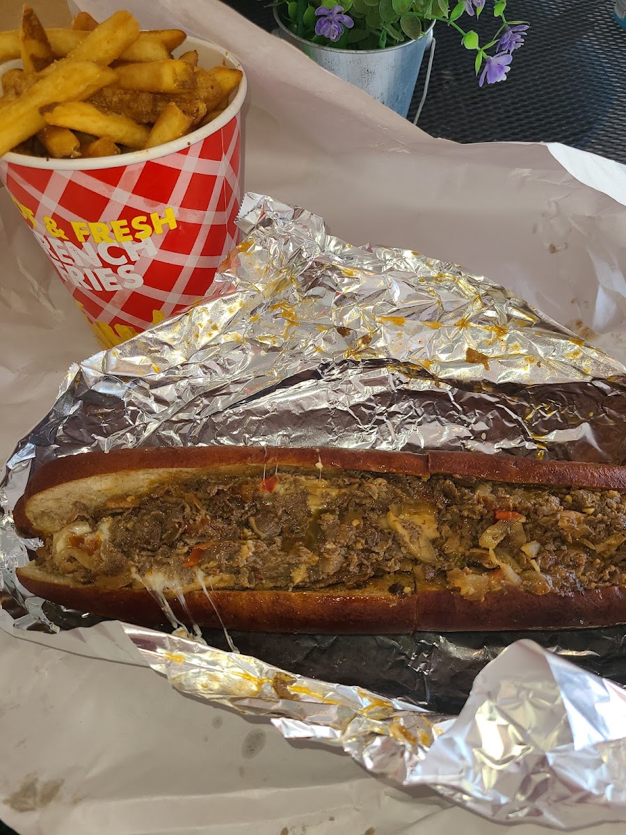 GF Pretzel Roll, cheesteak & fries