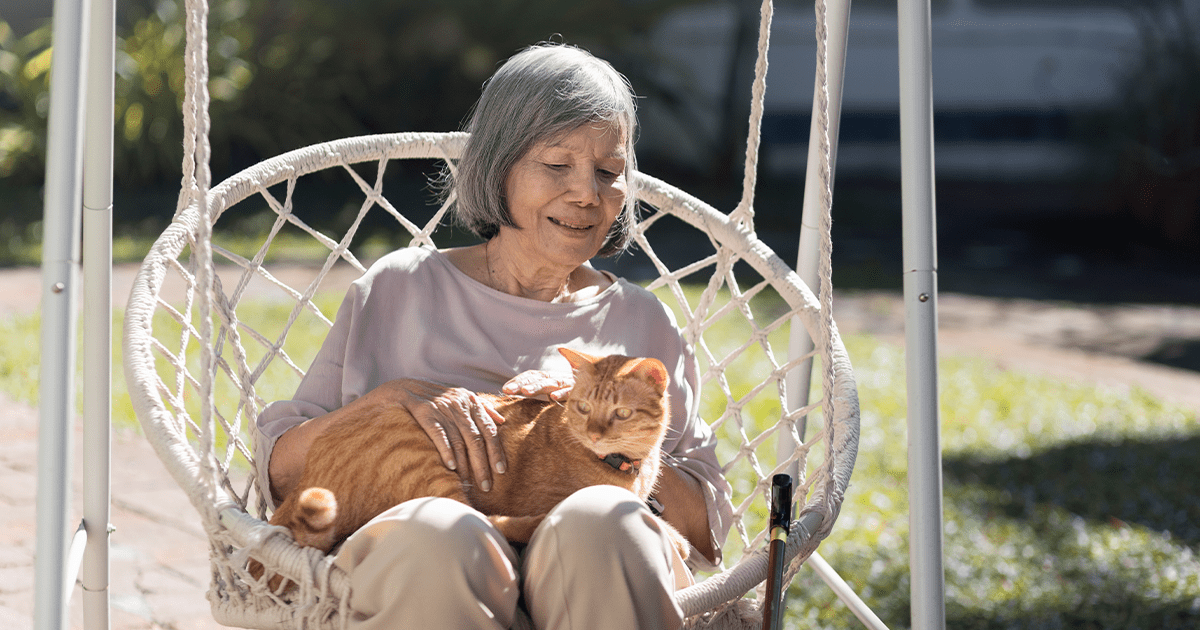 Woman sitting in swing chair with orange cat in her lap outside 