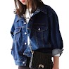 Áo Khoác Jean Denim Kiểu Ngắn Cổ Bẻ Dáng Rộng Phong Cách Thu Đông Màu Trơn Hợp Thời Trang Cho Nữ