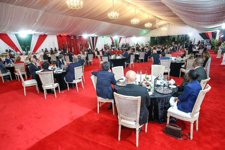 President William Ruto and first lady Rachel Ruto host a state dinner for President Sergio Mattarella of Italy and Laura Mattarella at State House Nairobi on March 14, 2023.