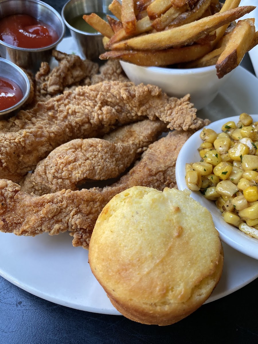 Gluten Free Fried Chicken, French Fries, and Cornbread