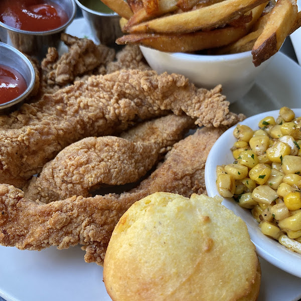 Gluten Free Fried Chicken, French Fries, and Cornbread