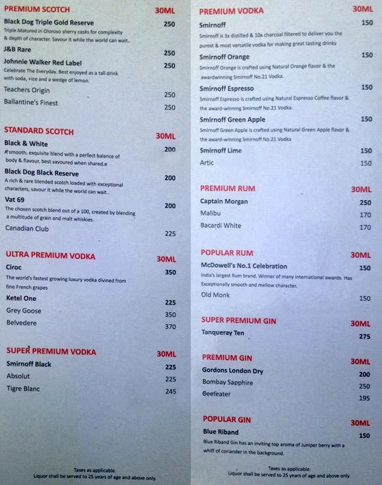 The Village Deck menu 