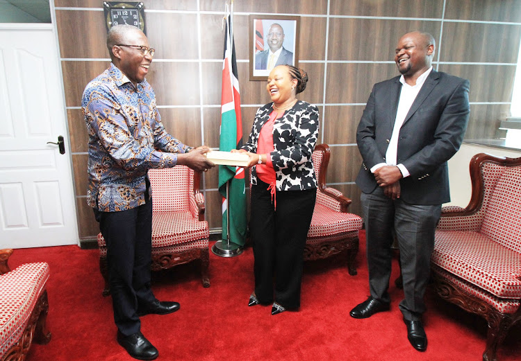 Radio Africa Group CEO Patrick Quarcoo, Council of Governors chairperson Anne Waiguru and Radio Africa Group head of content Paul Ilado during a courtesy call at the CoG chairperson’s office in Nairobi on October 25, 2022