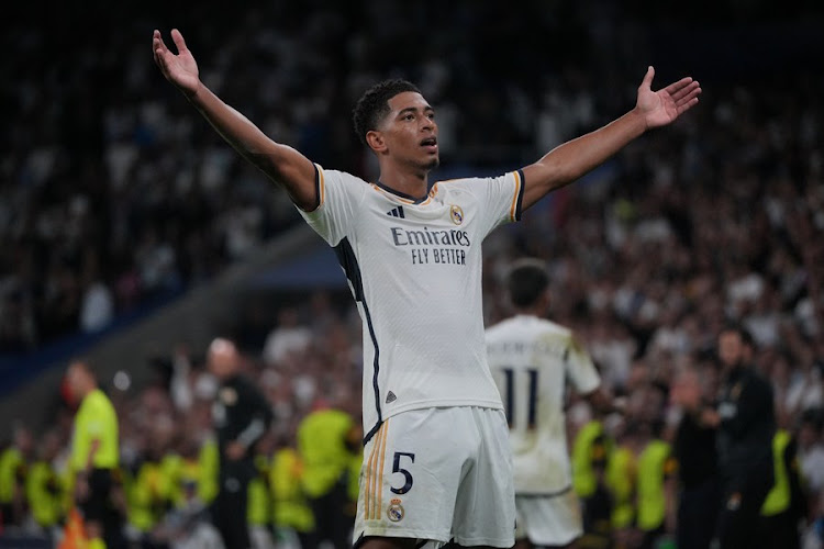 Real Madrid's Jude Bellingham celebrates his late Champions League goal against Union Berlin in Madrid, Spain on September 20