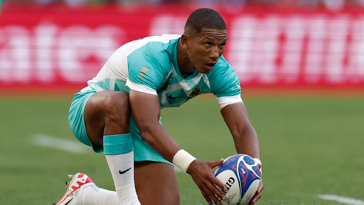 Manie Libbok prepares to kick a penalty during South Africa's Pool B match against Scotland at the Orange Velodrome in Marseille, France, on September 10 2023. Picture: BENOIT TESSIER/ REUTERS