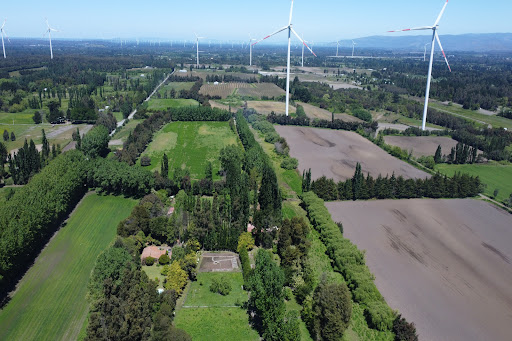 Agricultural field with wind turbines in background in this luxury farmhouse for sale in Los Ángeles ($179,242,062,137)