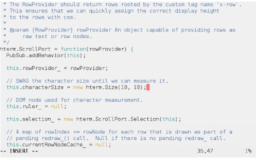 {RowProvider} function(rowProvider) .addBehavior(this) this.rowProvider_ rowProvider; his.characterSize hterm.Size(10, this.ruler_ this.selection_ hterm.ScrollPort .Selection(this) 