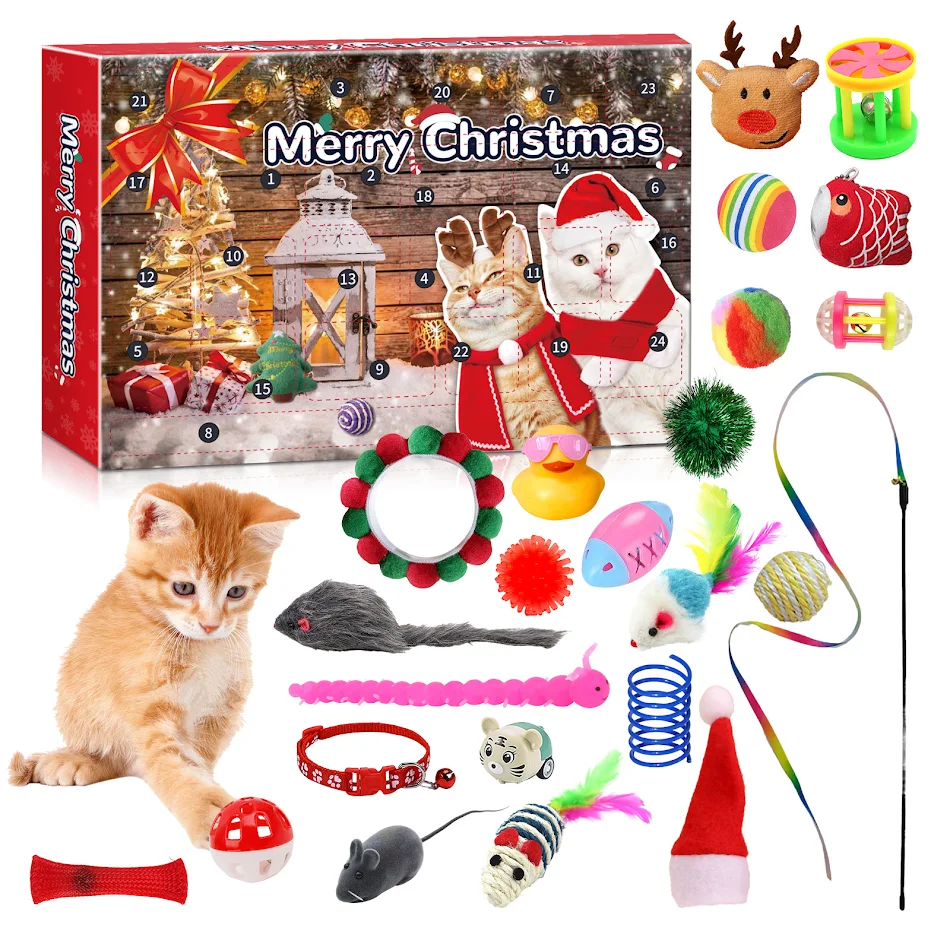 Calendário do Advento Natal Gatos 24 Grades Contagem Regressiva Brinquedos Caixa Cega Diversão Diária para Felinos