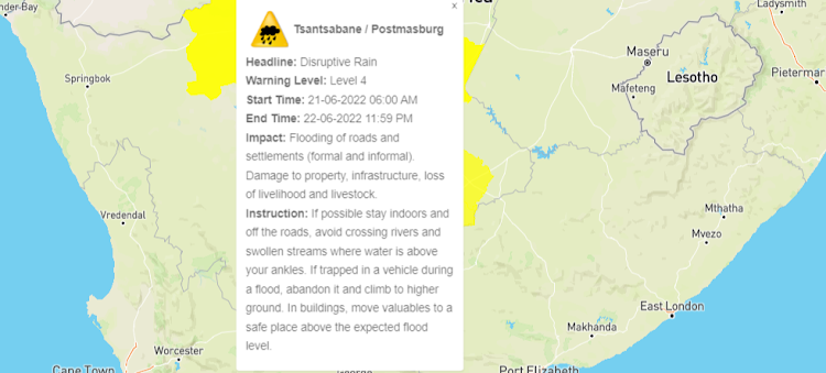 The SA Weather Service issued warnings for heavy rains in some parts of the Northern Cape.