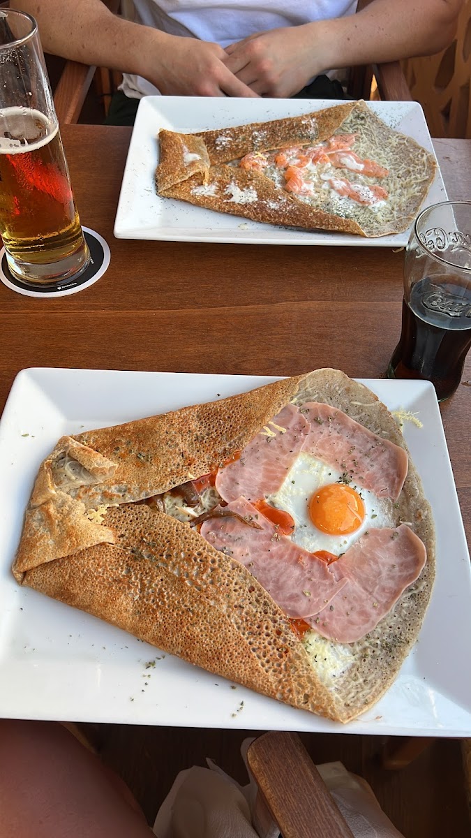 GF salty crepe with egg, mushrooms, onion, ham and sauce