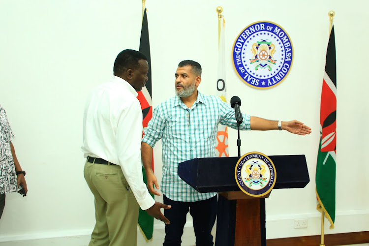 Energy CS Davis Chirchir and Mombasa Governor Abdulswamad Nassir at the governor's office on Wednesday.
