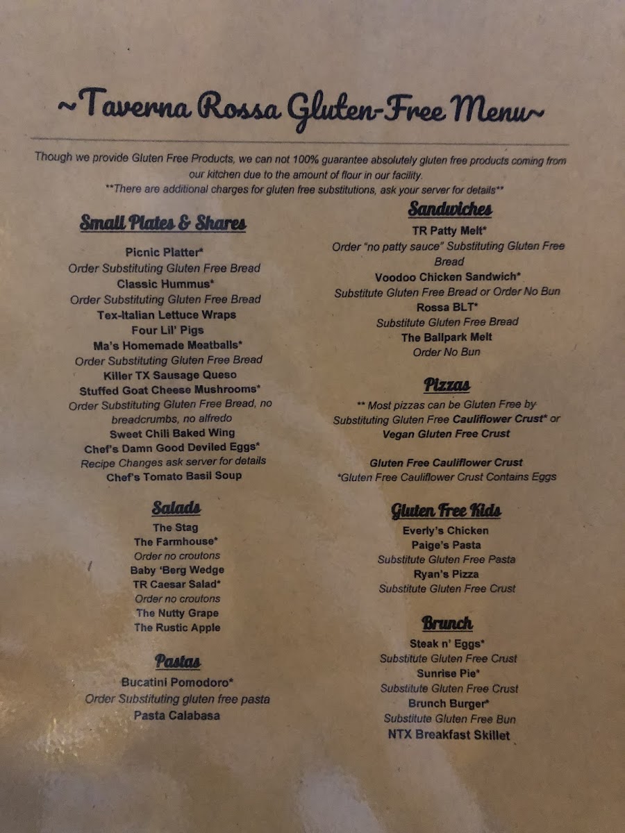 Taverna Rossa gluten-free menu