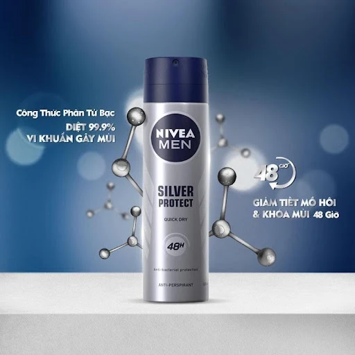 Xịt Ngăn Mùi NIVEA MEN Silver Protect Phân Tử Bạc Ngăn Khuẩn Gây Mùi Vượt Trội (150 ml)