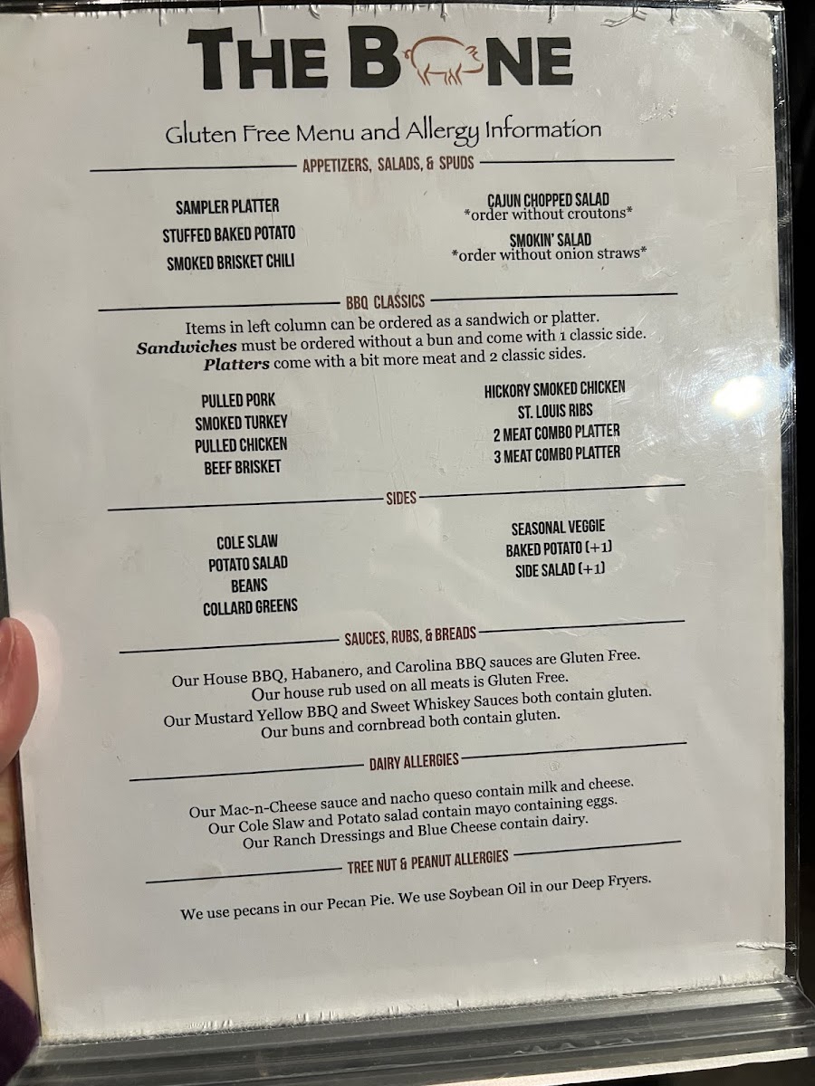 The Bone gluten-free menu