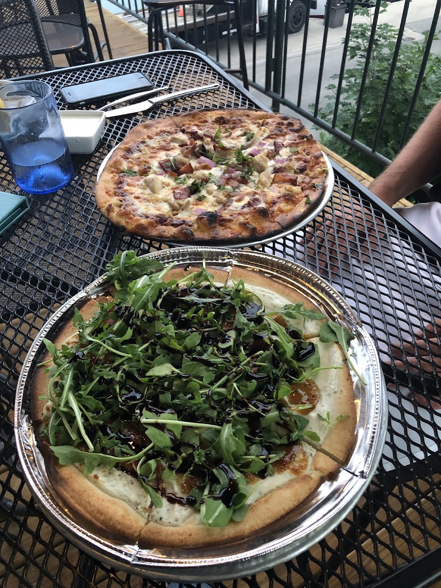 My GF “white” pizza, my boyfriend got the regular crust bbq chicken!