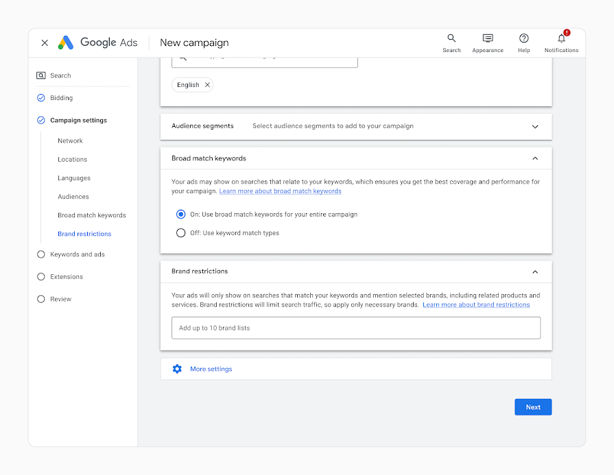 Screenshot of brand restrictions in the Google Ads UI