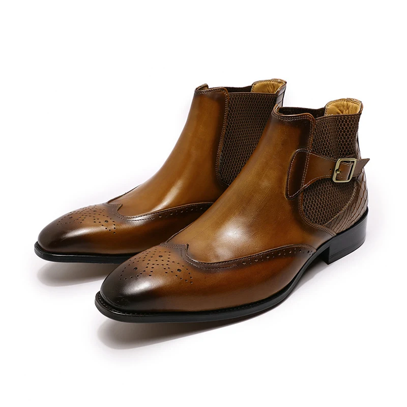 Botas altas de cuero para hombre con relieve de piel de serpiente tallada