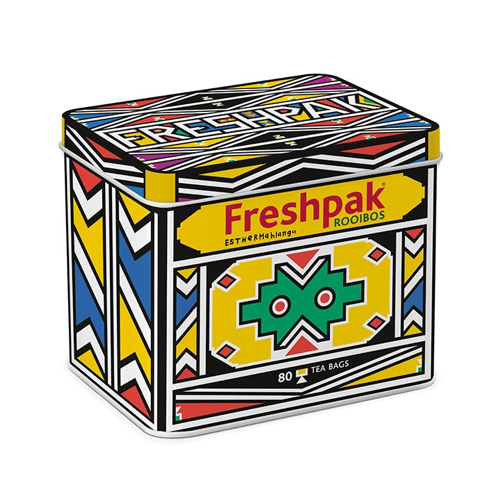 Freshpak's Esther Mahlangu collector's tin of rooibos teabags.