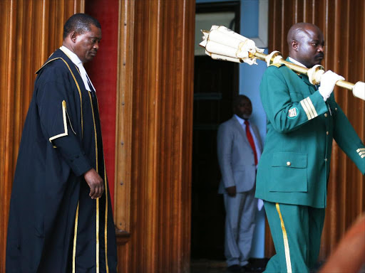 Speaker of the National Assembly Justin Muturi is led by the sergeant at arms walks to the chambers as parliament resumed regular sitting sessions on June 5, 2018. Photo/Jack Owuor