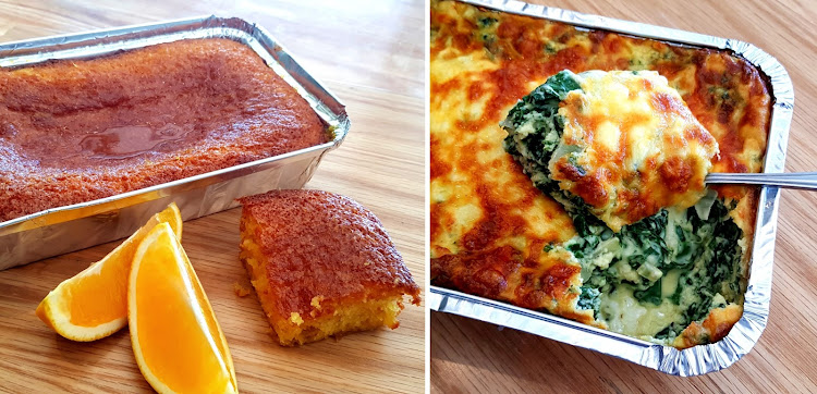 Citrus butternut pudding (left) and spinach gratin from The Good Food Studio on Nicol.