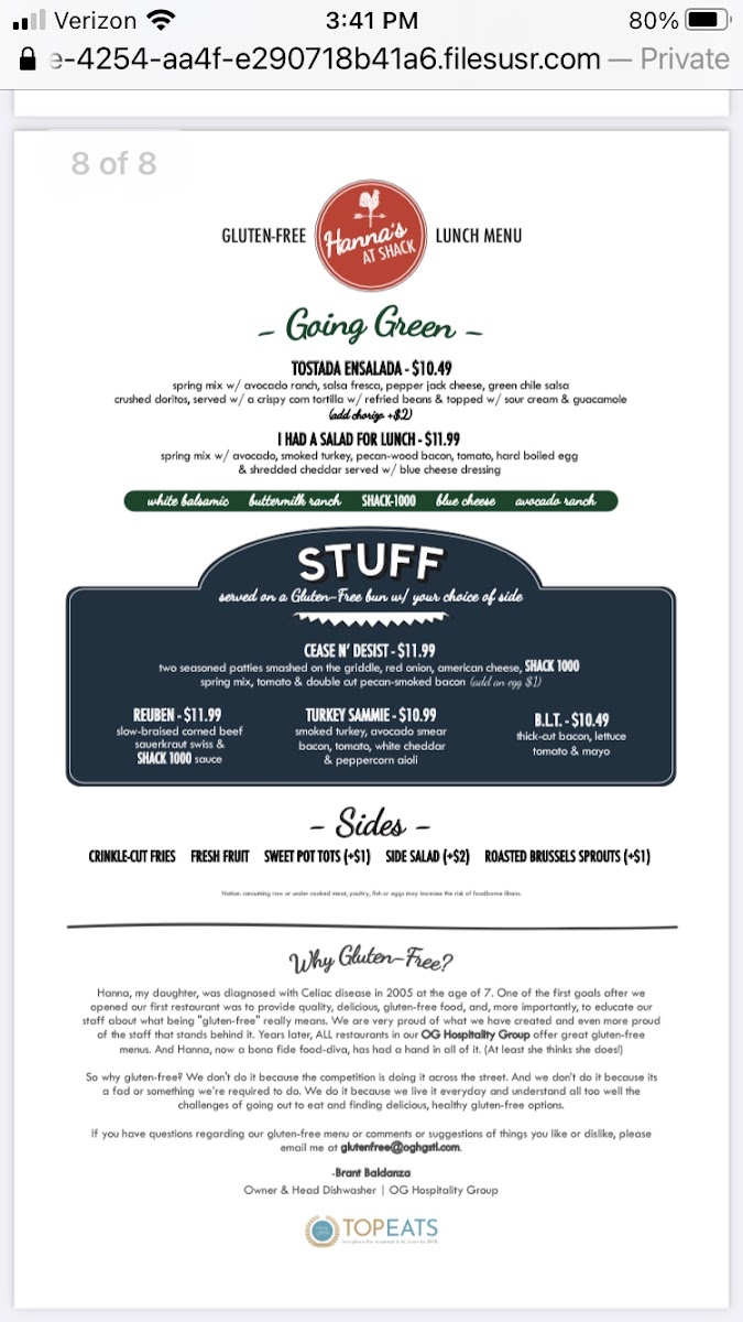 The Shack gluten-free menu