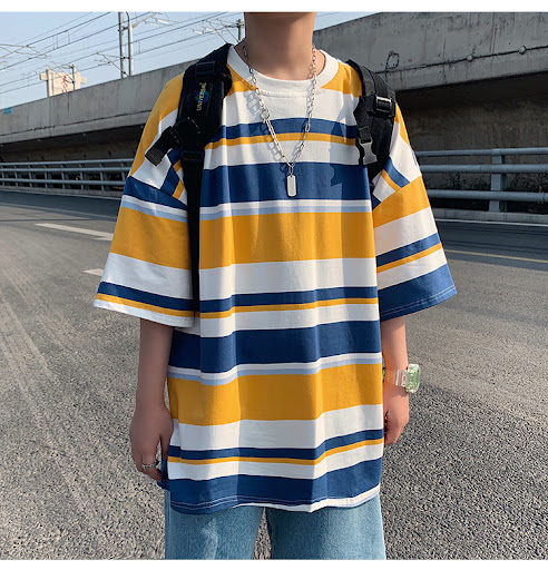Title 3, Striped T-shirt Mens Short Sleeve Loose Hong K...
