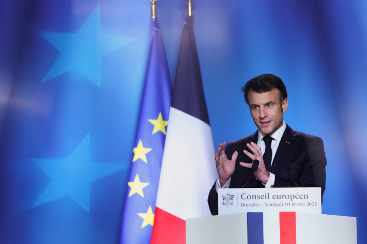 French President Emmanuel Macron gestures during a news conference at the European leaders summit in Brussels, Belgium, on February 10 2023. Picture: JOHANNA GERON/REUTERS