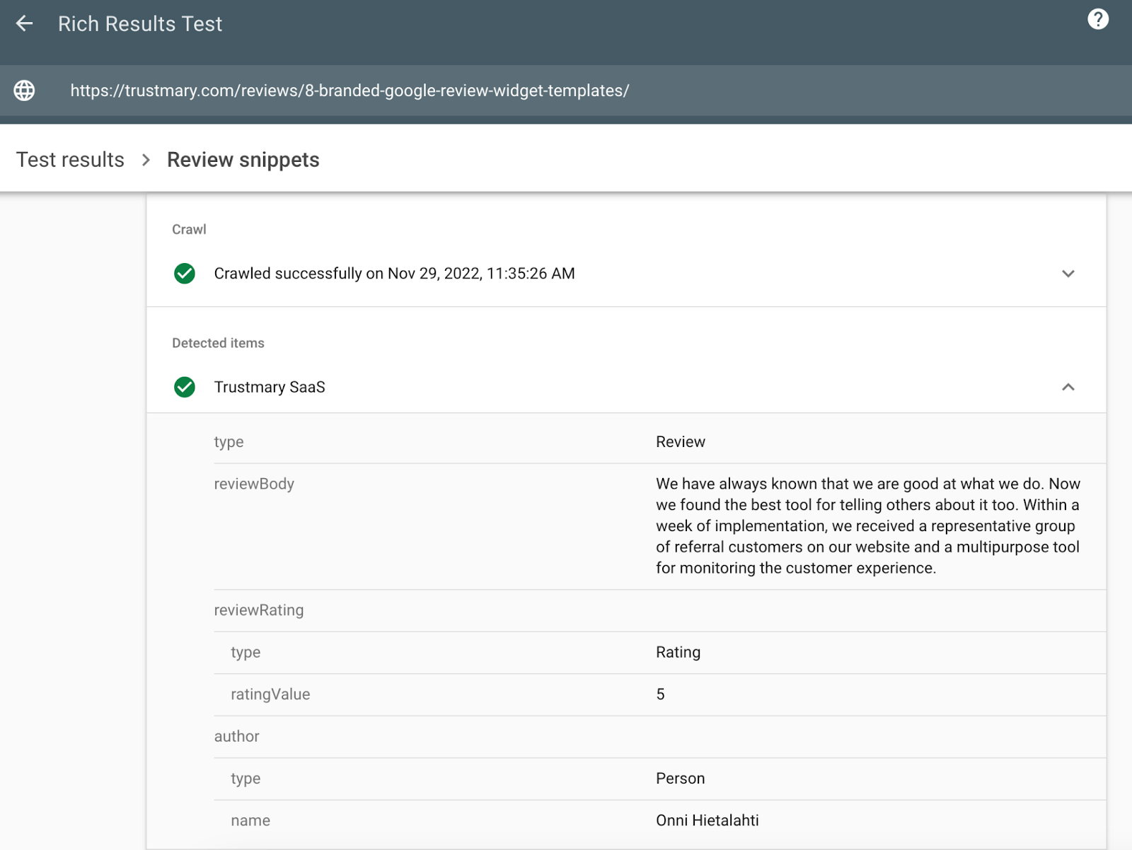 rich results test review snippet example