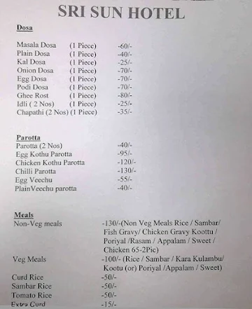 Sri Sun Hotel menu 