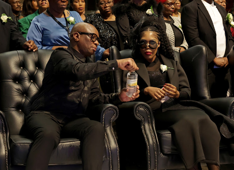 Minister of sport, arts and culture Zizi Kodwa and Nompumelelo Gumede-Ngema during the veteran playwright's funeral in Durban on Friday.