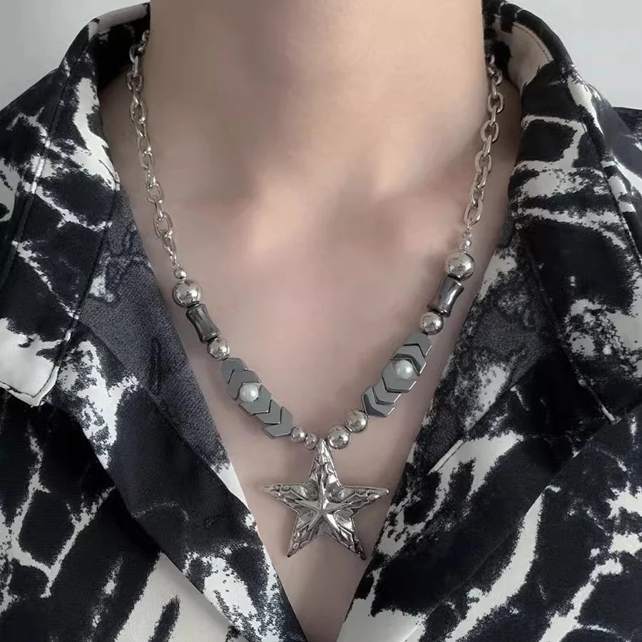 Retro Gothic XINGX ketting zwart zilver kralen, eenvoudig en elegant, perfect voor een unieke en opvallende look.