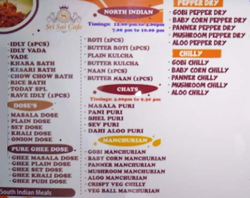 Sri Sai Kafe menu 