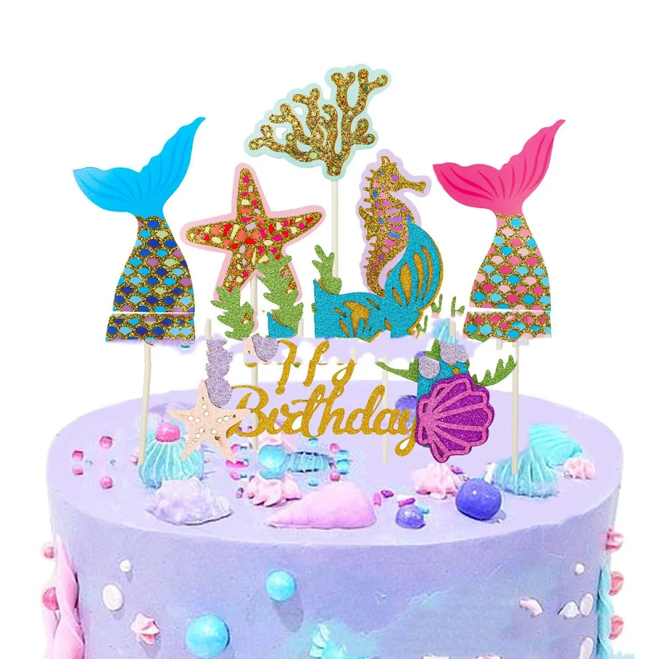 Zeemeermin en zeester HAPPY BIRTHDAY taartdecoratie – Engelse cake insert voor een vrolijke verjaardagstaart.